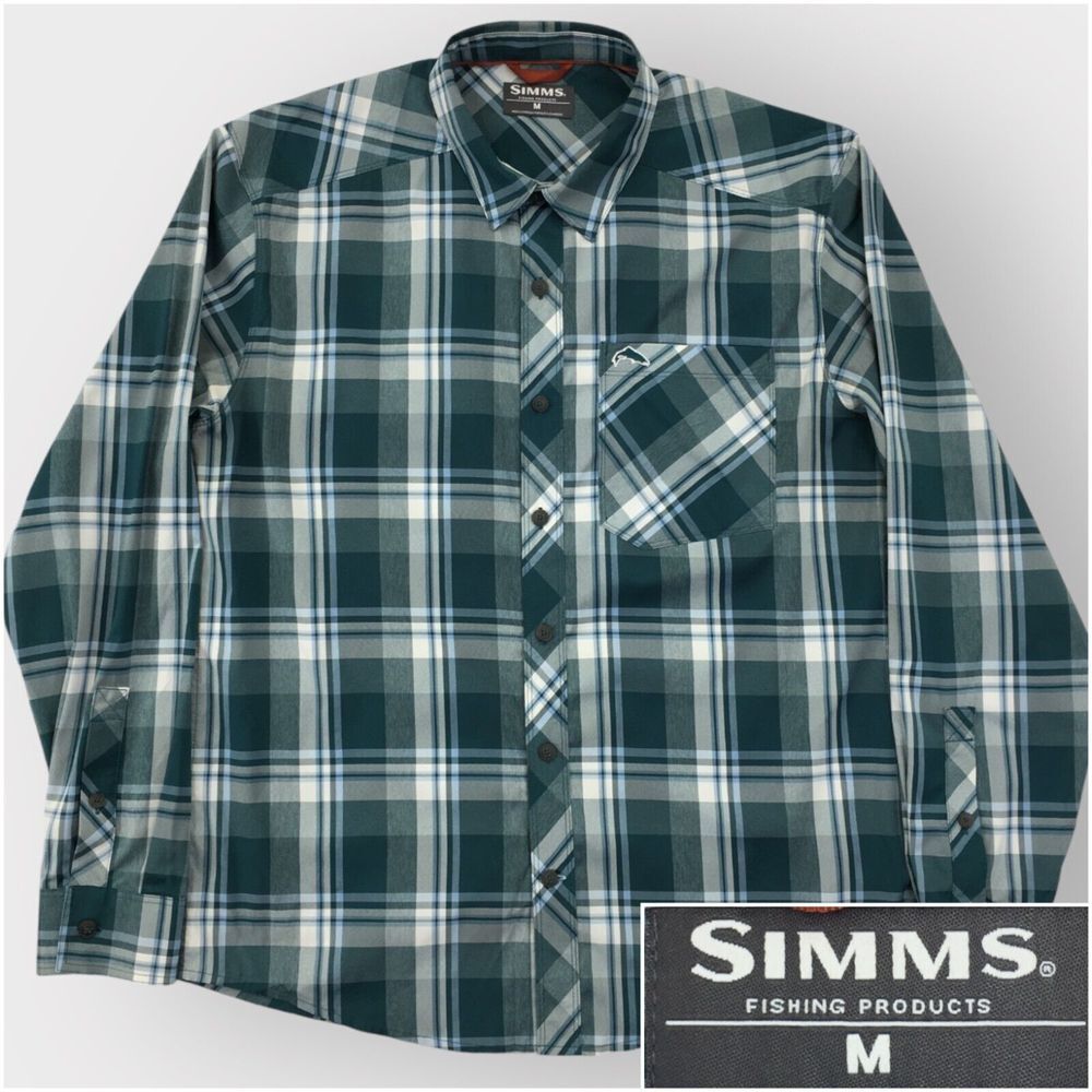Simms Mens Performance Shirt Size M Fishing Long Sleeve Plaid‎ Casual Polyester
